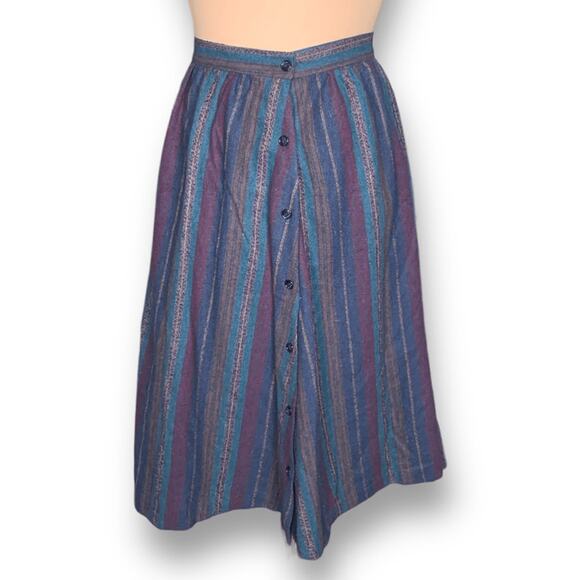 Vintage 70s Striped Blue Multicolor Midi Skirt Fashion Conspiracy Button Front - Picture 12 of 12